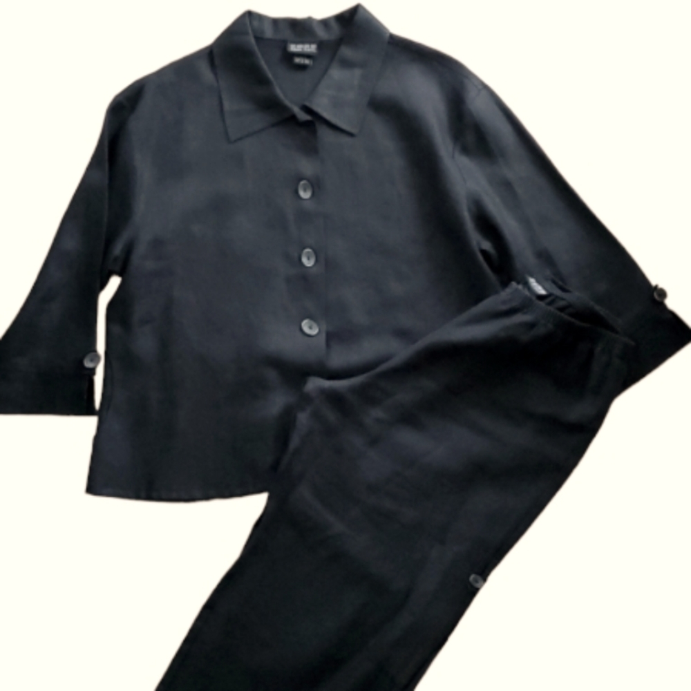 Nomadic Traders Womans Black Linen 2 Piece Cropped Suit Size‎ Small